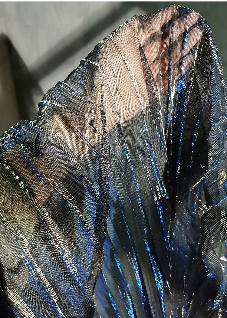 1yard Stage background,clothing designer fabric,Blue Perspective laser pleated mesh matirial fabric for dress