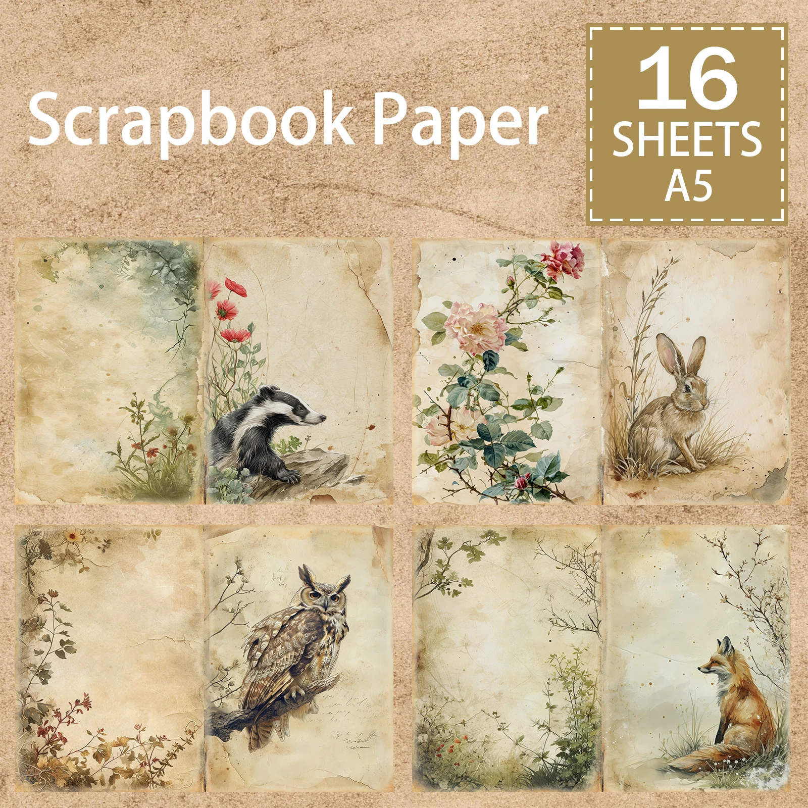 16 Sheets A5 Size Wild Animals Forest Lakeside Background Vintage Grunge Journal Planning Scrapbooking
