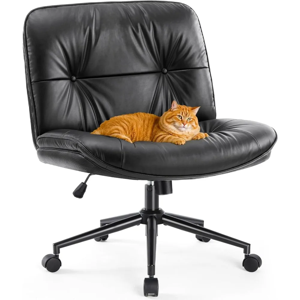 Kursi Kerja Sweetcrispy Criss Cross dengan Roda, Kursi Meja Kantor/Vanity Tanpa Sandaran Tangan Berbahan Kulit PU dengan Dudukan Lebar, Nyaman dan Dapat Diputar