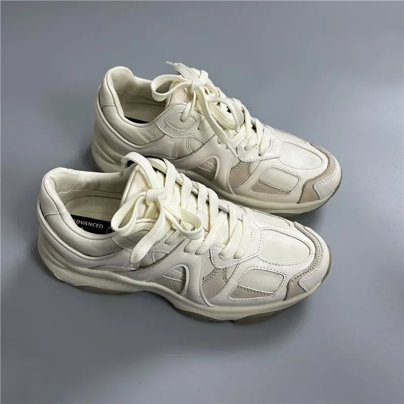 Mrxmus Dutit 2024 New Genuine Leather Sports Shoes Comfortable Thick Soled Height Increasing Small White Shoes Retro Dad Shoes