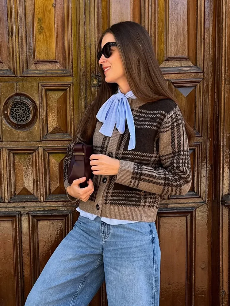 HH, nueva moda para mujer, abrigos de punto elegantes a cuadros con cuello redondo, manga larga, botonadura única, cárdigans sueltos informales de otoño para mujer