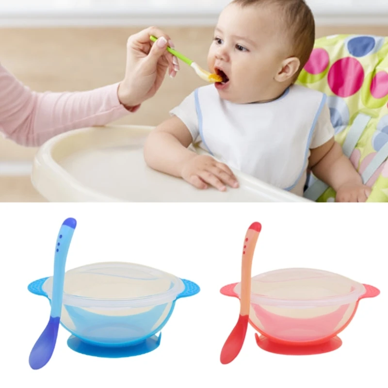 

Infant Feeding Bowl Strong Suction Base with Temperature Sensing Spoon Safe for Baby Learning to Eat Independently A2UB