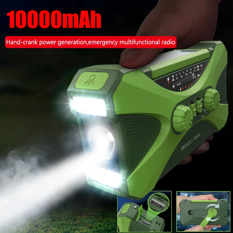 Multifunctional 10000mAh Solar Crank Radio AM/FM/NOAA Weather Alert, Dual Stereo Speakers, Phone Charger, LED Torch & SOS Alarm