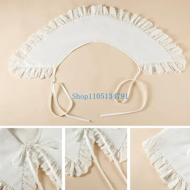 

98km Royal Women Girls Cotton Fake Collar Shawl Wrap Hollow Out Floral Lace RuffledTrim Necklace Pointed for Triangle