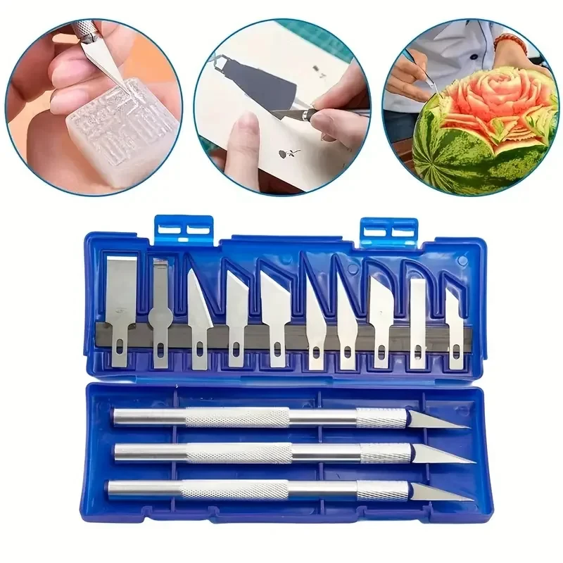 13pcs Engraving Non-Slip Metal Scalpel Knife Kit 3pcs Carving Handles & 10pcs Knife Blades for Mobile Phone PCB Repair Hand Tool