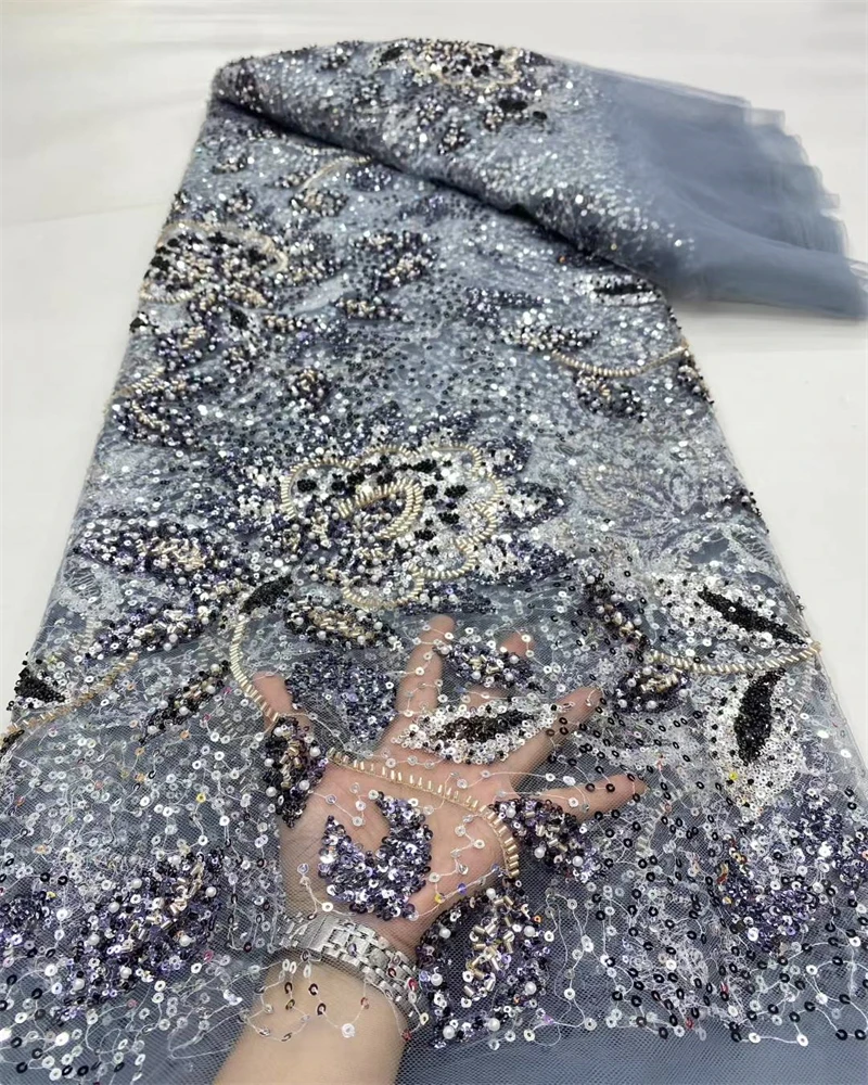 

2025 Fashion French Embroidery Beaded Lace Fabric African Nigerian With Sequins Lace Fabric For Wedding Dress