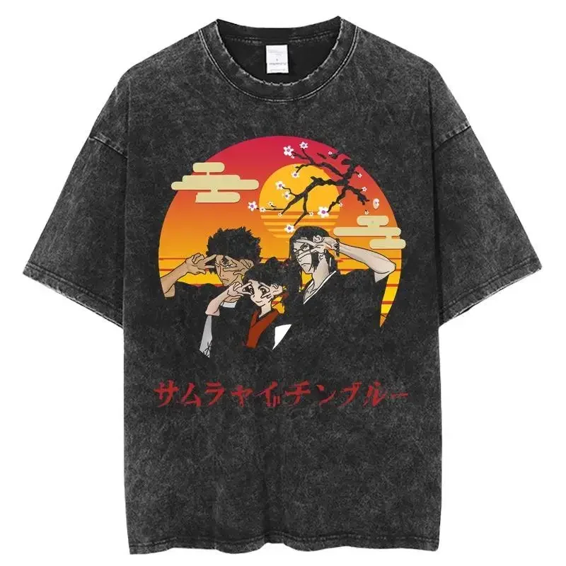

2025 Japanese Anime Chaos Samurai Samurai Champloo Retro Washed Old Short-sleeved Cotton T-shirt Men's and Women's Tops