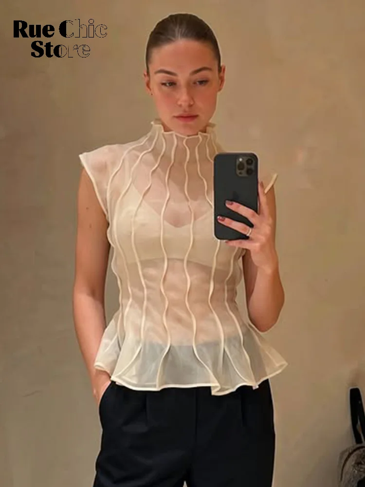 Solid Pleated Satin Sleeveless Blouse Women Chic High Neck Ruched Peplum Short Tops 2026 Lady Summer Office Commute Date Wear image 3