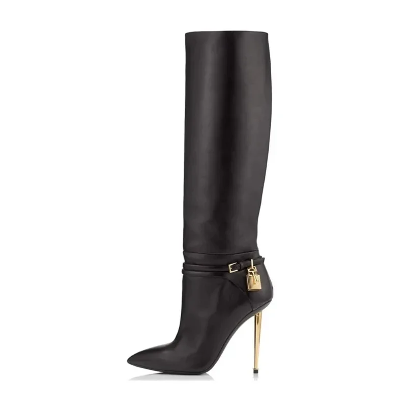 Femmes Sexy serrure en métal décorer bottines automne hiver nouveau or talon haut pointu boucle de ceinture mode bottes longues taille 34-43