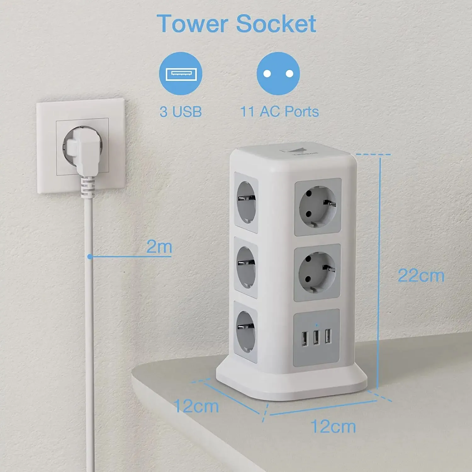 TESSAN Tower Power Strip with 11 Outlets +3 USB Ports, 2M Extension Cable, EU Plug Vertical Electric Socket Overload Protection