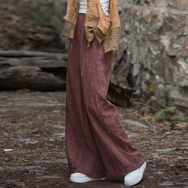 Bohemian Tie-Dye Wide Leg Pants - Stonewashed Ramie Blend Relaxed Fit Trousers