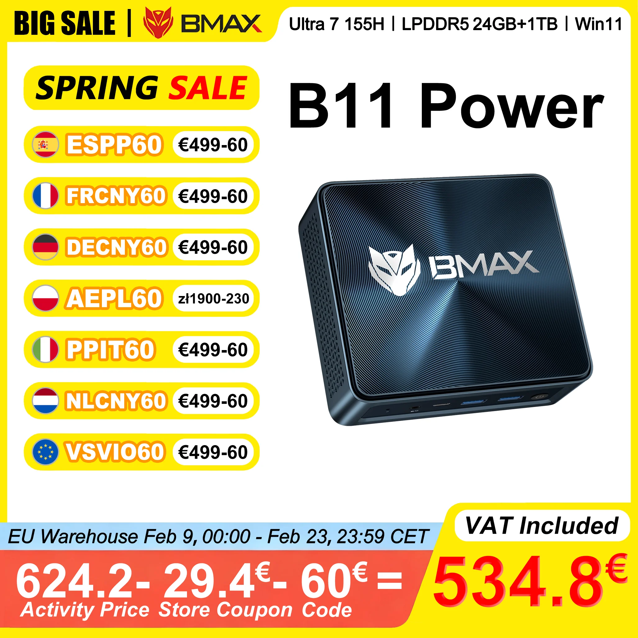 BMAX B11 Power Mini PC Intel Core Ultra 7 155H 24 GB LPDDR5 4400MHz RAM 1 TB SSD Windows 11 Pro WiFi 6 Bluetooth 5.2 HDMI typu C