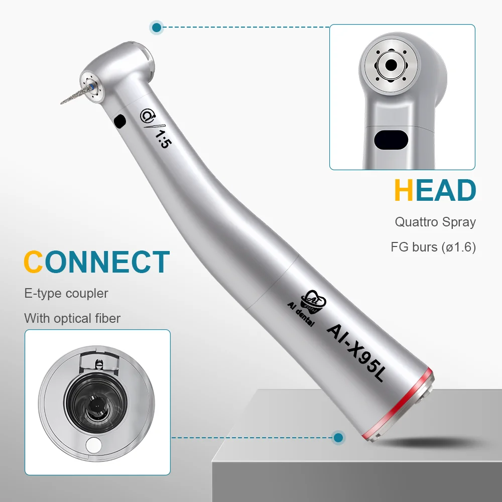 Dental 1:5 Increasing Red Ring  Contra Angle Low Speed  Quattro Water Spray Push Handpiece With Optic Fiber For E-TYPE Motor