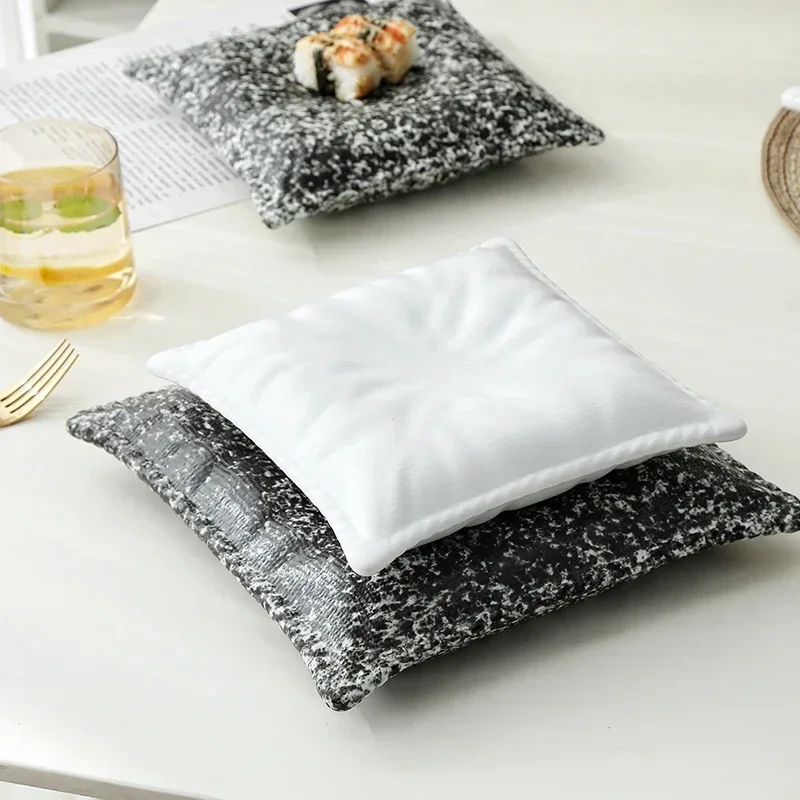 

Creative Ceramic Imitation Pillow Dinner Plate Cuisine Square Plate White Black Dessert Plate Artistic Conception Tableware