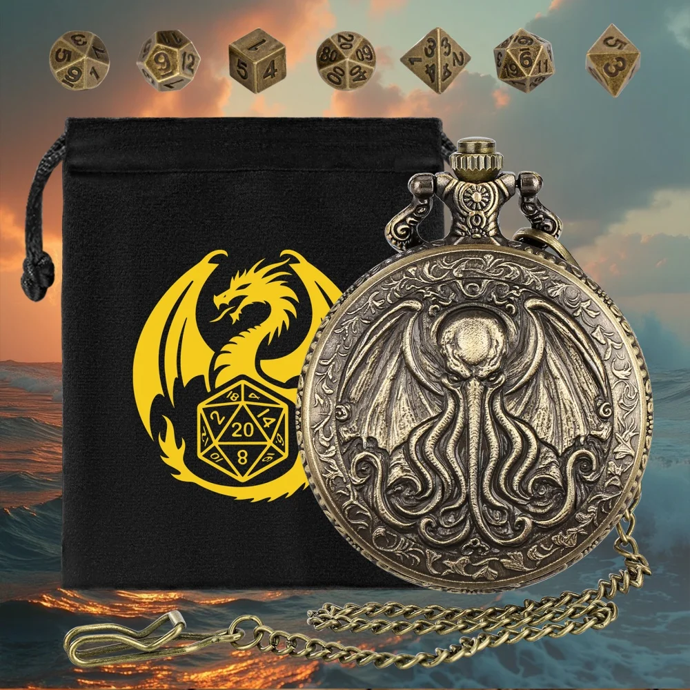 5pcs Vintage Octopus with Wings Metal Pocket Watch Case Tiny Polyhedral Dice Set Gift for Role Playing Game Lovers Chain Pendant