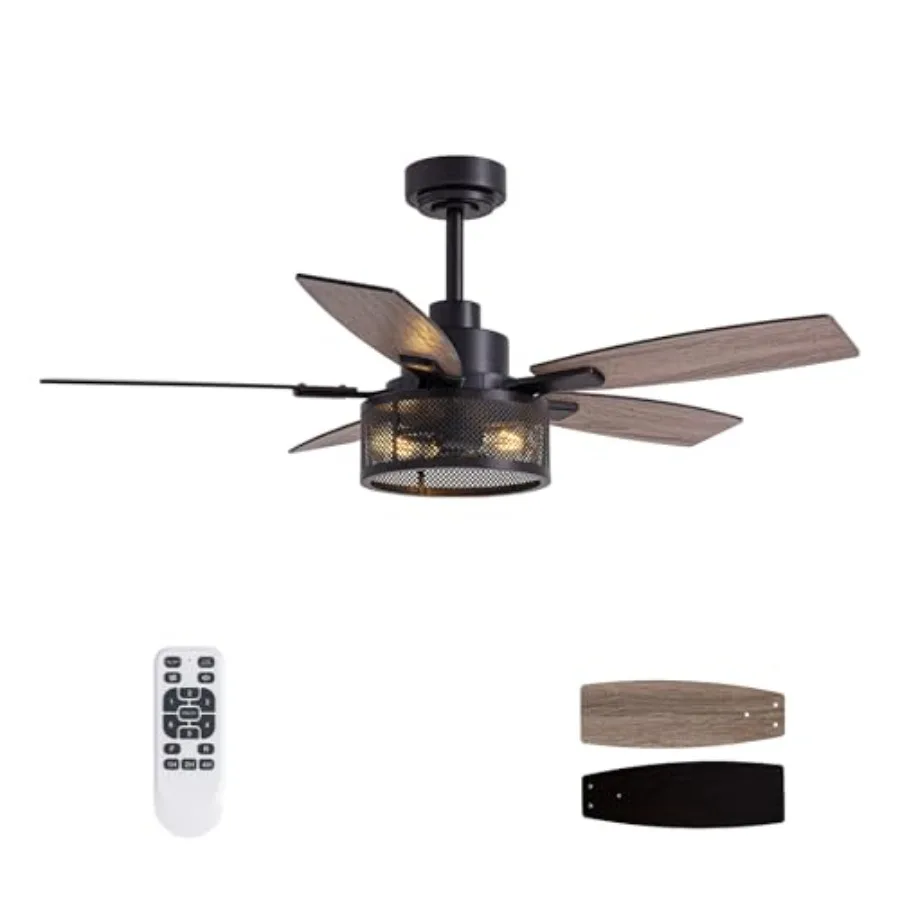 

Farmhouse ceiling fan for bedroom, living room, and patio: 46-inch black caged fan with light and remote control, indoor/outdoo