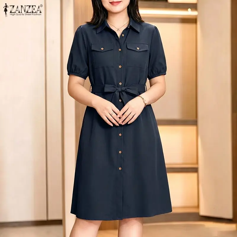 ZANZEA Damen Sommer-Cargo-Kleider, Umlegekragen, Puffärmel, Gürtel, Knopfleiste, knielanges Kleid, lässige Bürokleidung, Vestidos