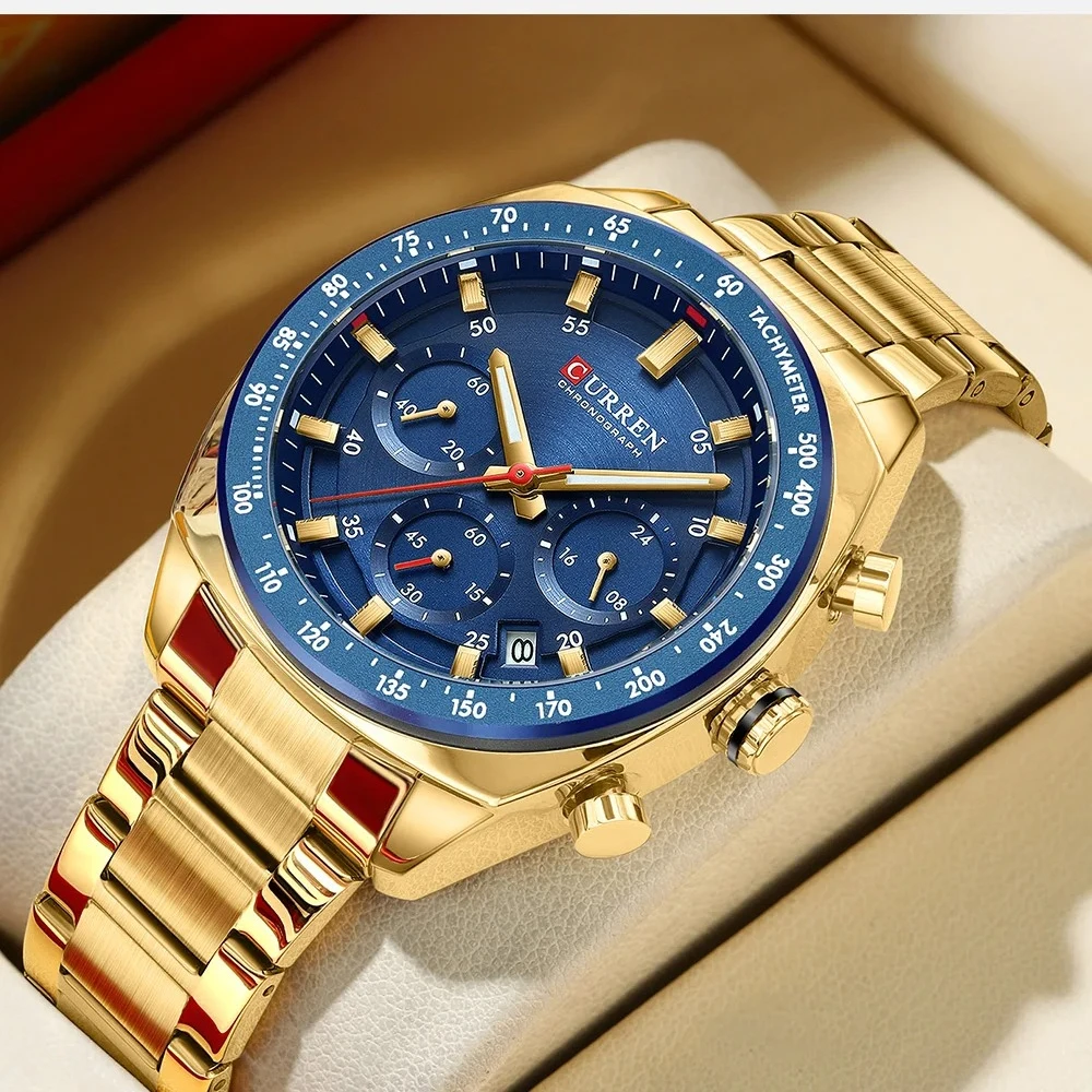 NEW CURREN 8497 Brand Men's Chronograph Watch Stainless Steel Band Luminous Hands Date Waterproof Quartz Timepiece Relógio