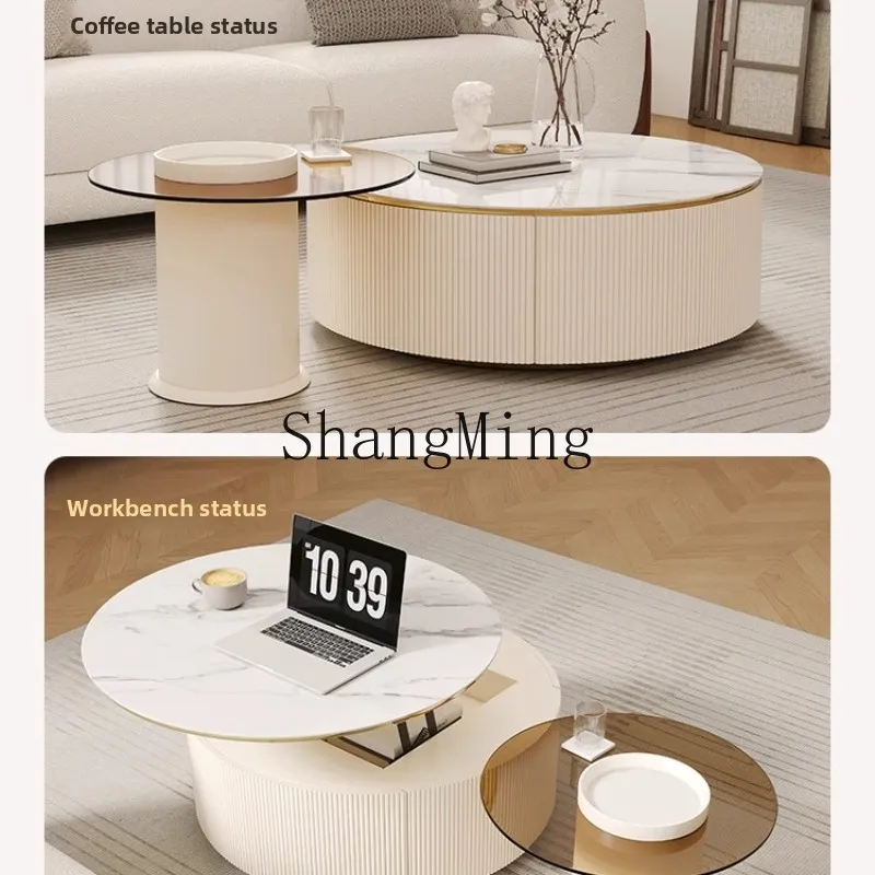LXY Cream Wind Slate Coffee Table Lifting Household Living Room Round Coffee Table Combination