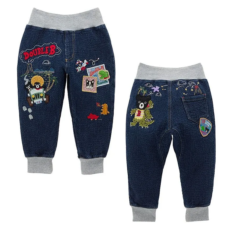 

Осенние японские детские повседневные штаны, вязаные мягкие джинсы с черным медведем, детские брюки, одежда для маленьких мальчиков, брюки для мальчиков