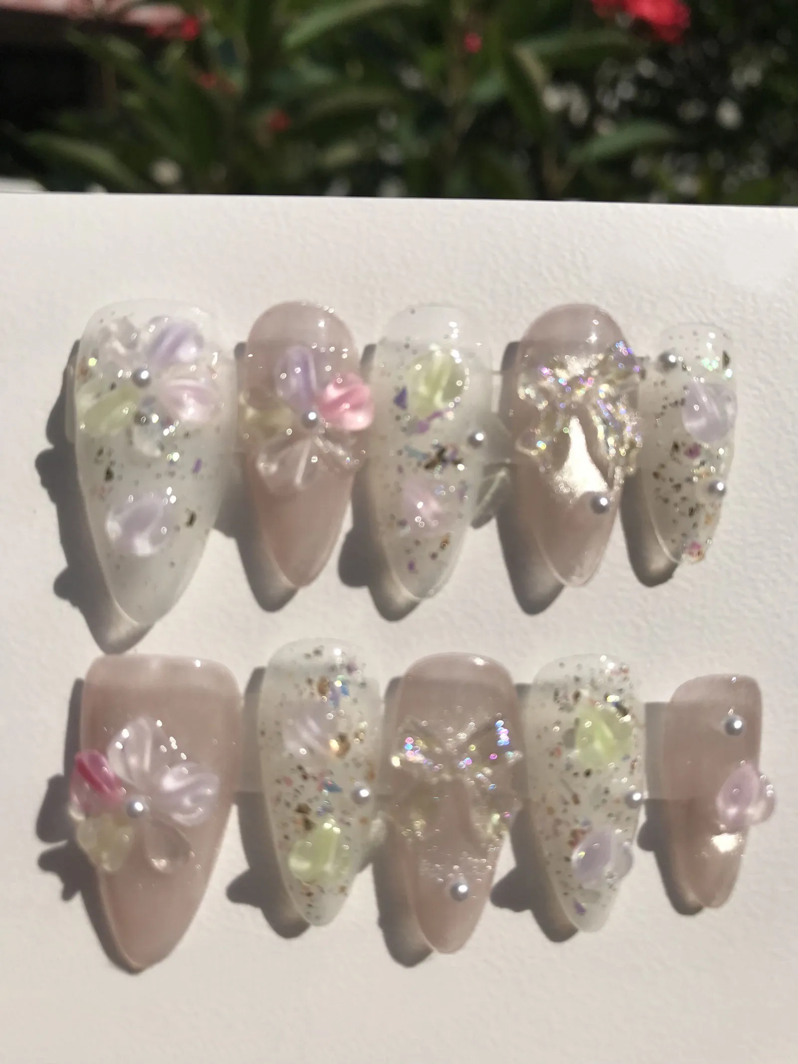 Handmade Almond Fake Nails Nude Ice Crystal Three-dimensional Flower Wearing Armor