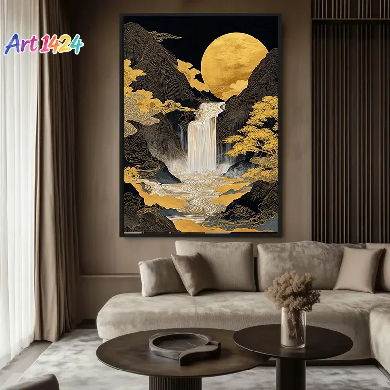 Golden Waterfall Landscape with Full Moon Mountain Wave Poster Canvas Painting Print Wall Art Picture for Living Room Home De