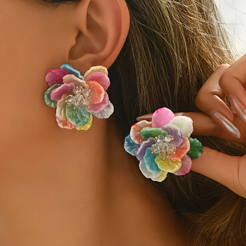 Schicke 3D-Blumen-Ohrringe für Damen, lebendiges, mehrfarbiges Blumenmuster für Partys im täglichen Gebrauch, lässige Eleganz, verspielte Ohrringe