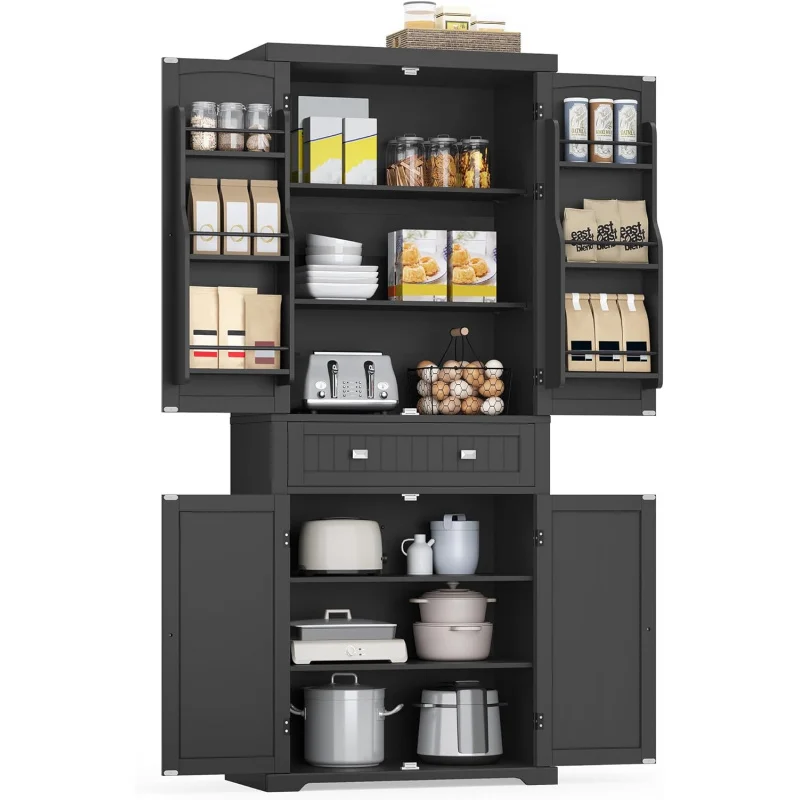 Gabinete de despensa, gabinete de almacenamiento alto independiente de 15,7 x 30 x 71,7 pulgadas con cajón, 2 gabinetes, 4 estantes ajustables