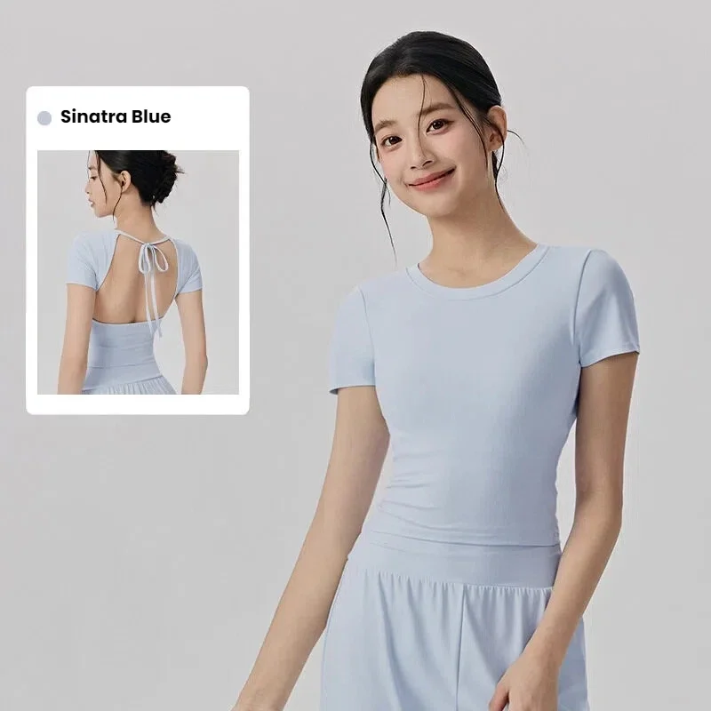 2026 Women's Yoga Top with Built-in Bra Sexy Back Design Fitness Tight Short Sleeve T-Shirt Workout Running Tee Spring Summer