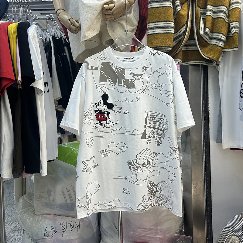 

Embroidered Mid-Length ort-Sve T-irt Women's Spring New round Ne Oversize Slimming Versatile Age-Defng Top