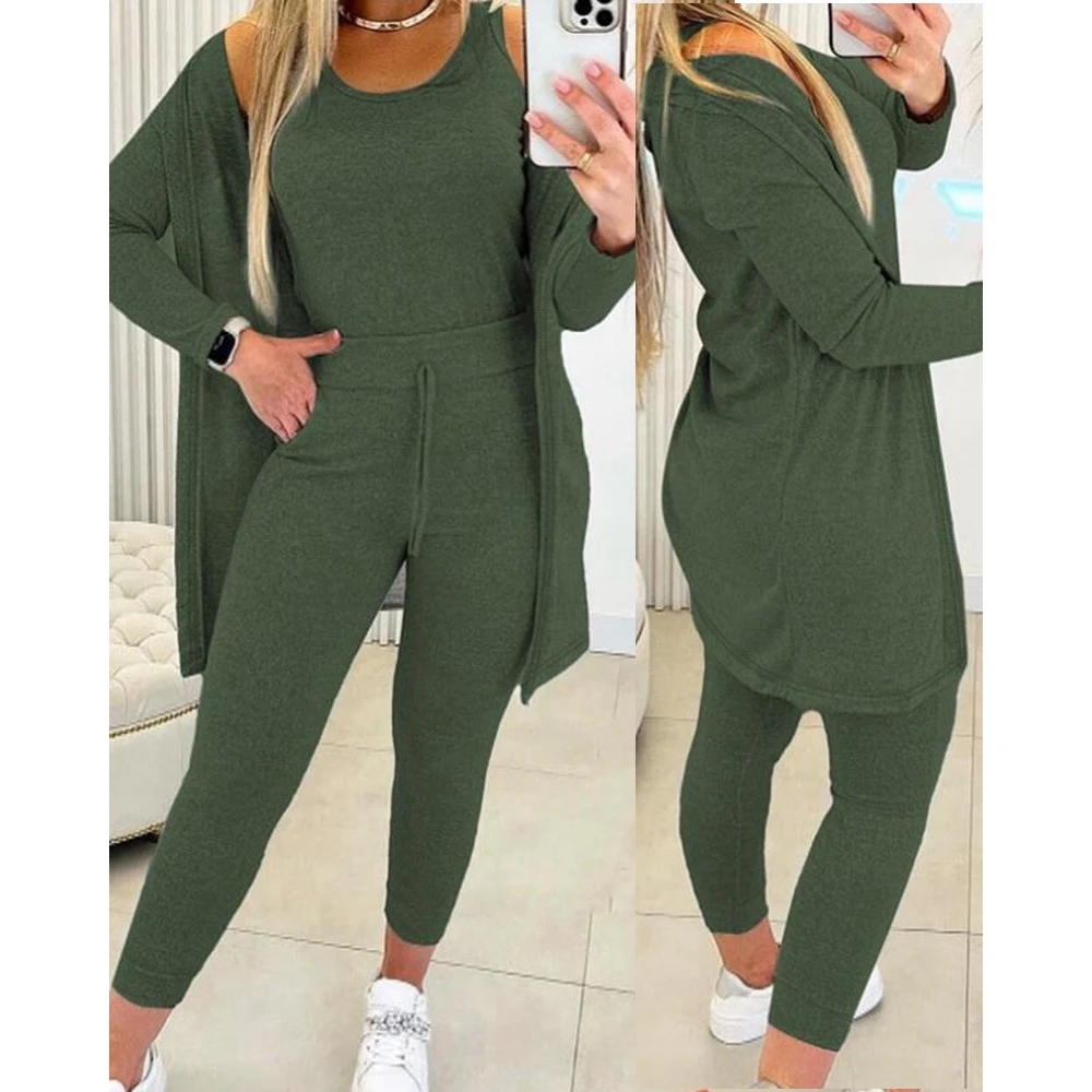 

Casual Autumn Three Pieces Set Sporty Wear Women Round Neck Tank Top & Drawstring Pants Set With Long Sleeve Coat Korean Style