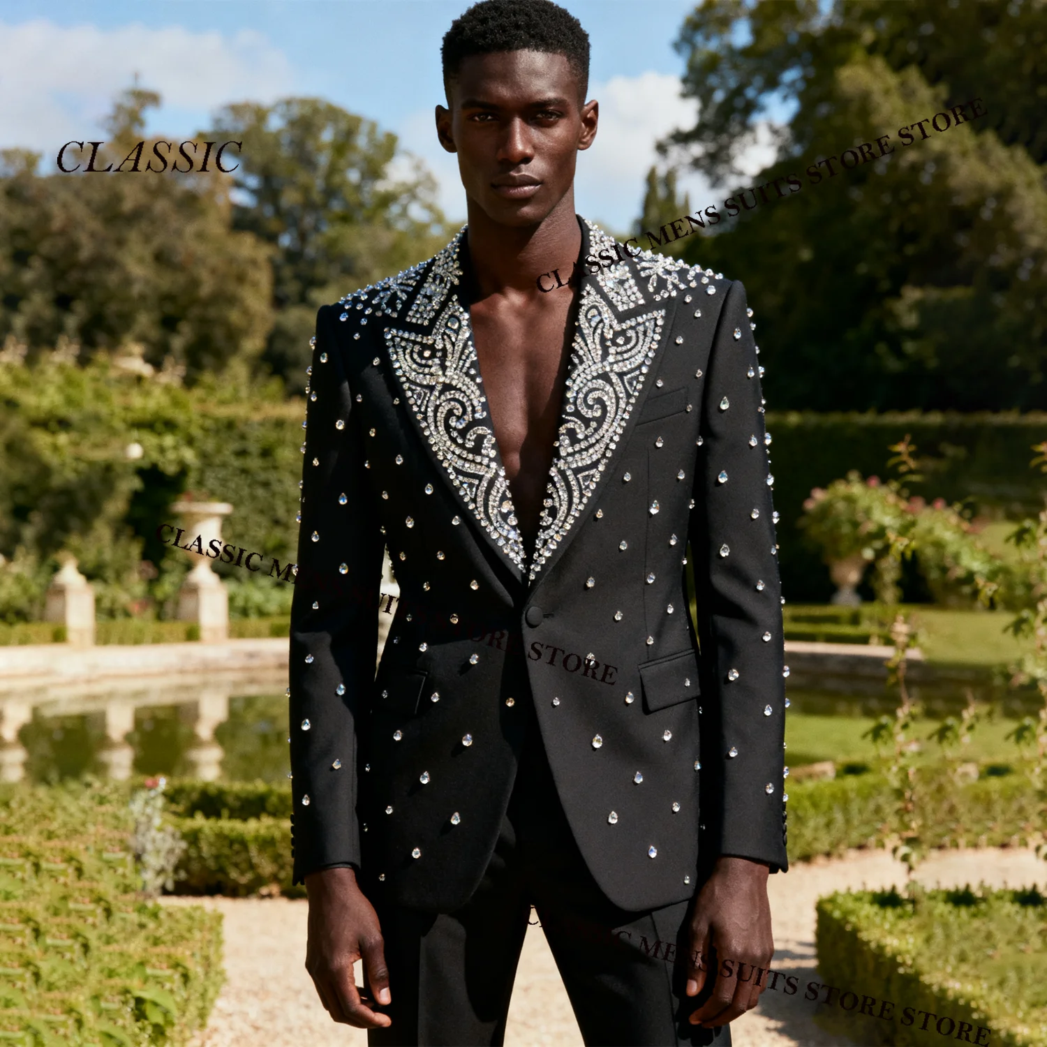 

Customized Luxury Rhinestone Crystals Men Suits Groom Tuxedos Wedding Male Party 2 Pieces Sets Blazer Peaked Lapel Ropa Hombre