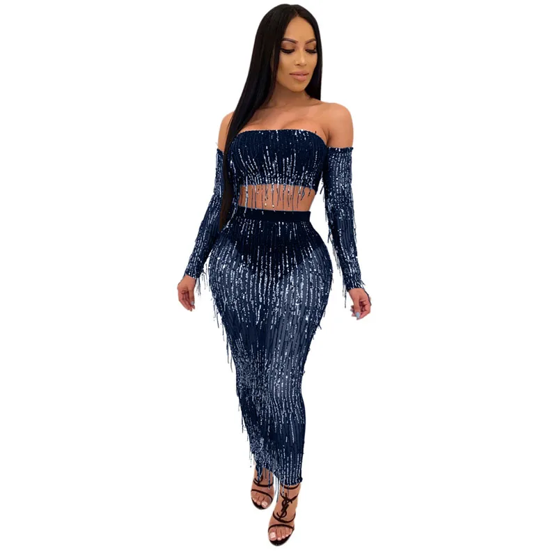 Sequined Tassel Two Piece Set Women Mesh See Through Festival Clothing Strapless Crop Top Long Skirt Sexy Shining Party Club