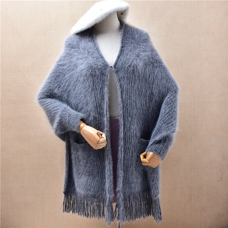 

Элегантные женские Mujer, осенне-зимние модные серые волосатые норковые кашемировые вязаные свободные кардиганы с кисточками, плащ, свитер, мантия, топы