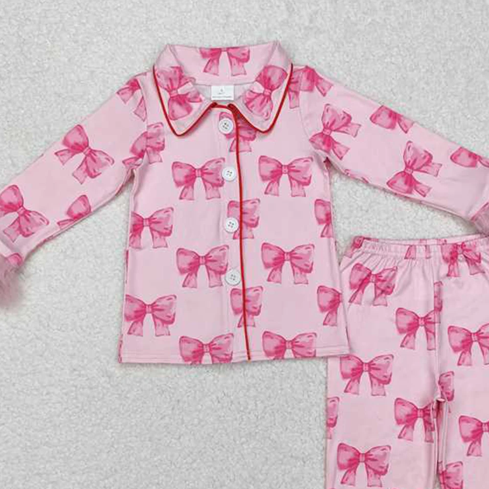GLP2289 Baby Mädchen Rosa Schleifen Pelzknöpfe Hemd Hose Pyjama Kleidungssets
