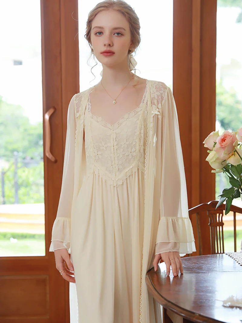 Women Spring Spaghetti Strap Nightdress Robe Sexy Backless Two-piece Vintage Princess Mesh Lace Fairy Nightgown Sleepwear