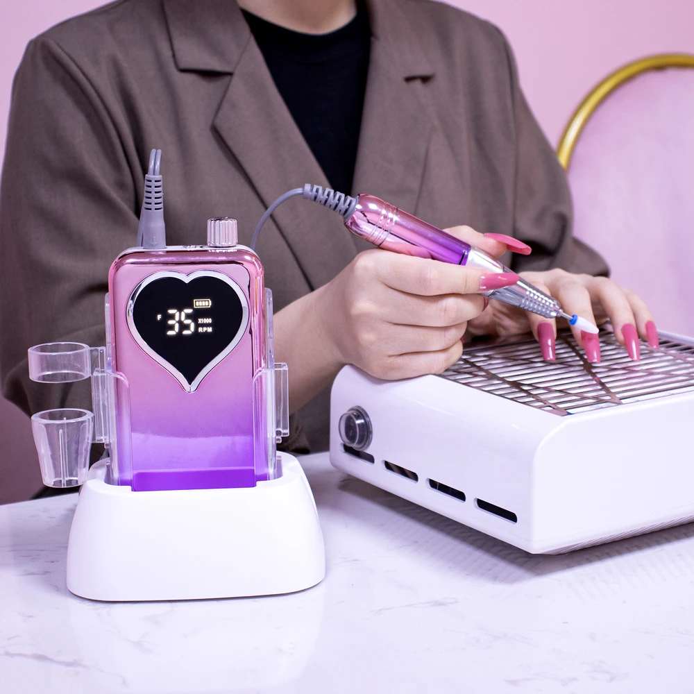 Hot Sale OEM Professional Heart Shape HD Display 35000rpm Electric Rechargeable Cordless Nail Drill Machine Portable Manicure