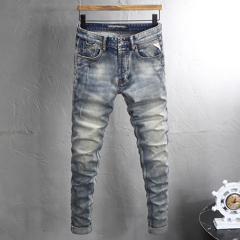 

Italian Style Fashion Men Jeans Retro Washed Blue Stretch Slim Fit Ripped Jeans Men Buttons Fly Vintage Designer Denim Pants