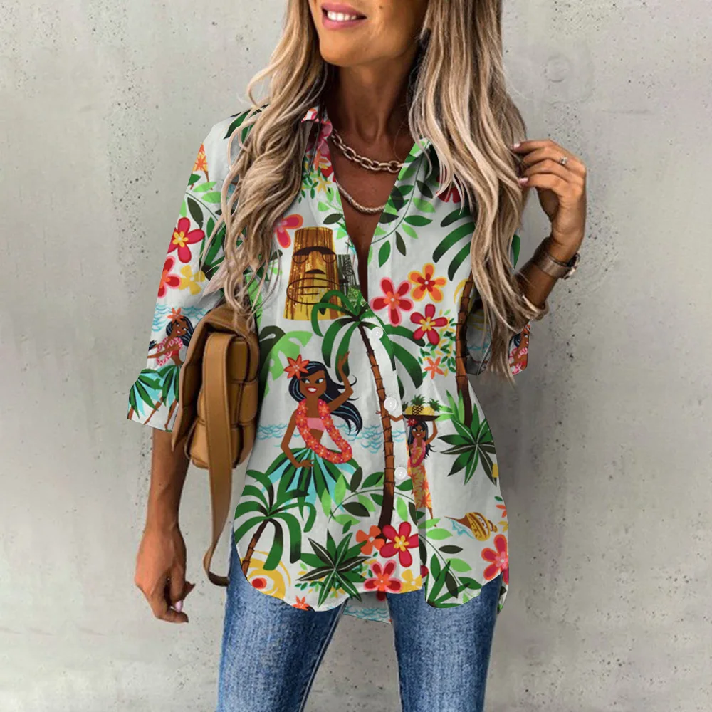 Summer Women\'s Hawaiian Shirts Flamingo Print Beach Party Shirts Button Down Fashion Long Sleeve Shirts Oversized Streetwear