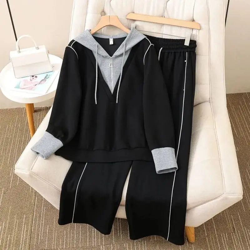 Women Spring Autumn Color Block Hooded Sweatshirt Two Piece Set Striped Loose Casual Sports Outfit