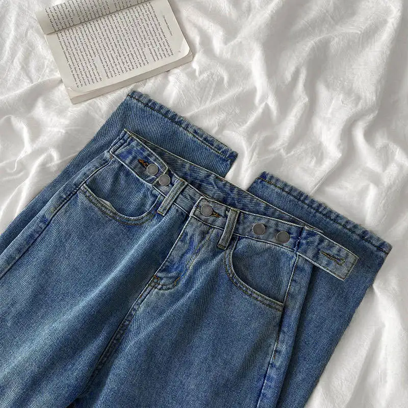 

Регулируемые широкие джинсы с высокой талией, женские джинсы с несколькими пуговицами, прямой крой, винтажные брюки длиной до пола, осенние брюки...