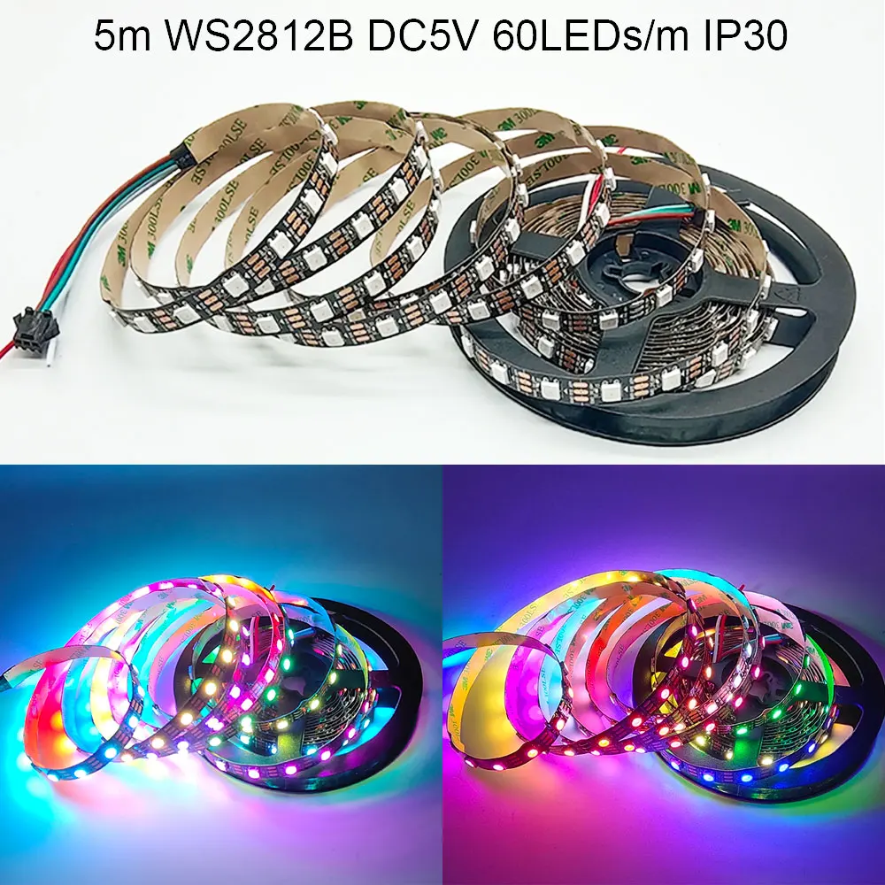 Imagem -03 - Fita Led Endereçável Individualmente Ws2812b Ws2812 Pixels Preto Branco Pcb 5050rgb Ip30 Ip65 dc 5v 30 60 144leds m