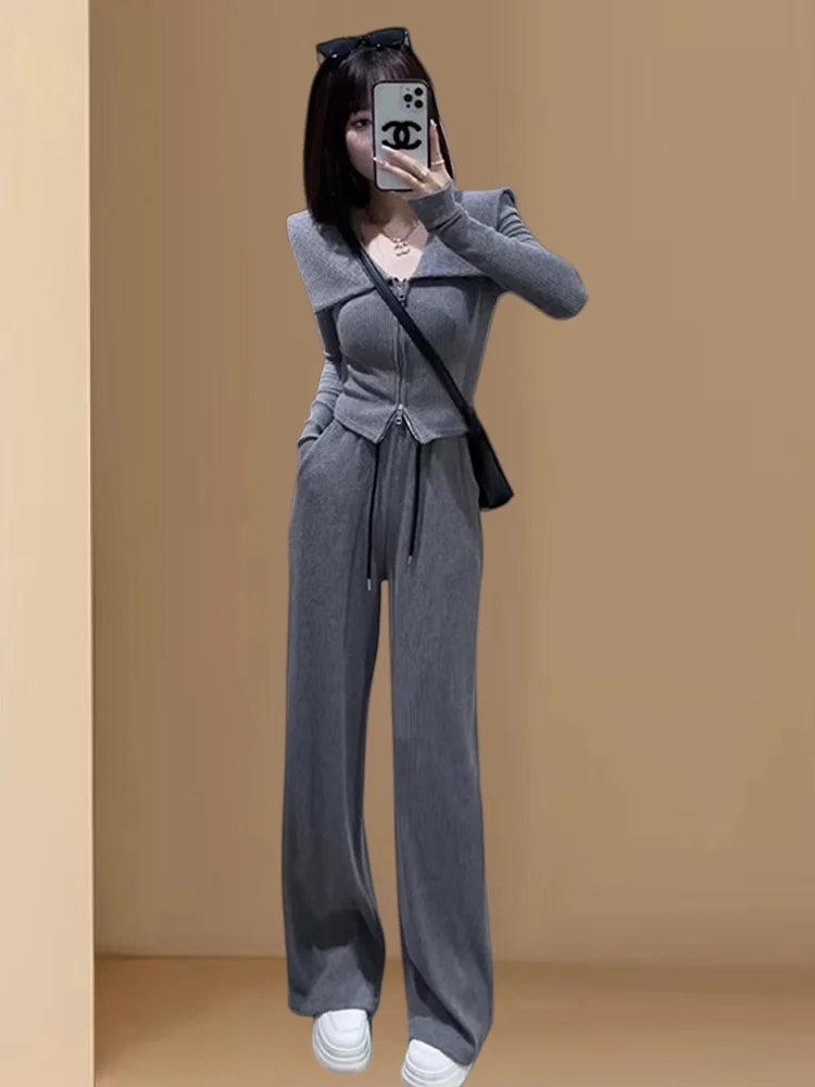 Slim Fit V-Ne Sweatirt Set Women's Faionable Wide Leg Pants Two-Piece Suit Autumn Winter New Arrival Commuter Sle