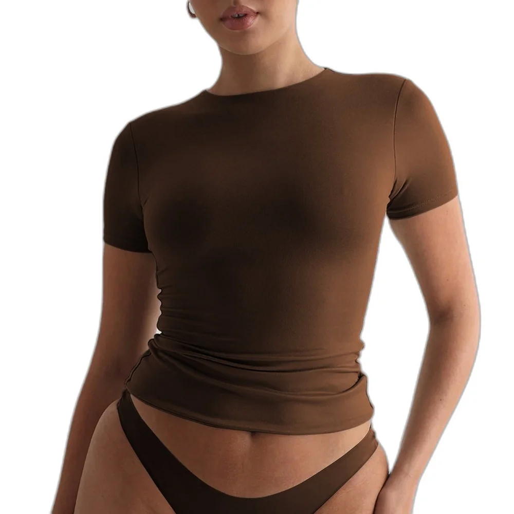 2024년 신상 Y2K 스타일 여성 패션 컬러 오트 슬리브 티셔츠 라운드 넥 슬림핏 섹시 퓨어 디자이어 탑 아론 컬러