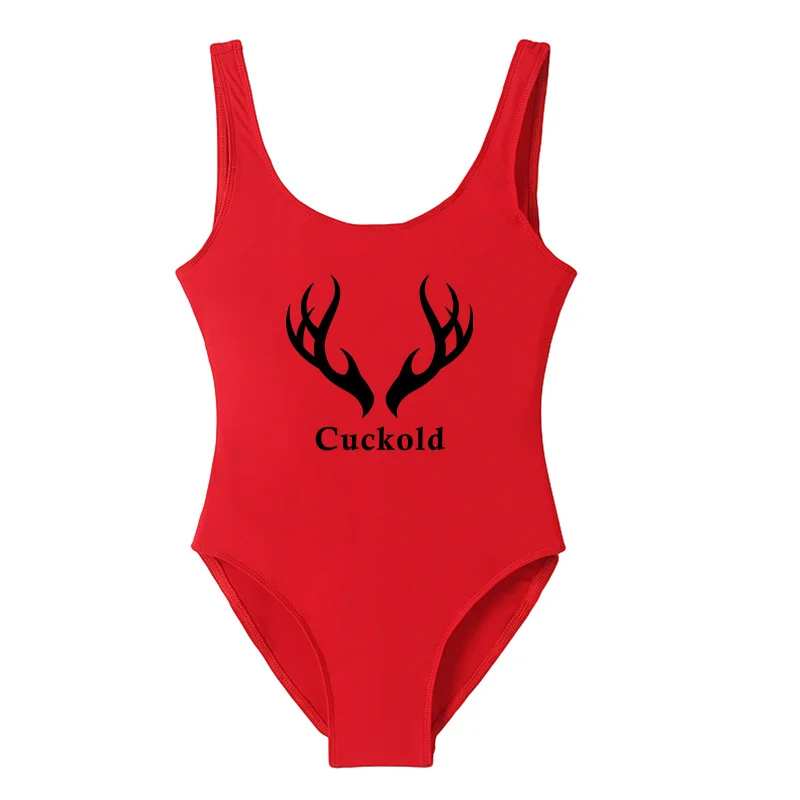 Cuckold Antlers Womens Swimsuit New Summer Bikinis Sexy Bodysuits One Piece Backless Swimwear Monokini Badpak Bathing Suit