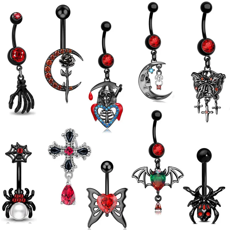 Black Claw Belly Button Rings For Women Skull Navle Piercing Heart Belly Piercing Jewelry Crystal Navel Barbell Piercing Ombligo