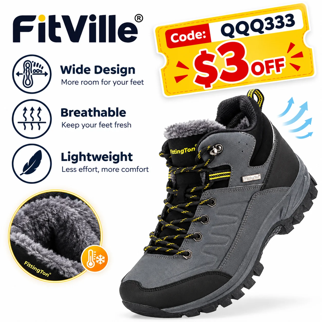 Fitville Men's Wide Snow Boots  Cold Resistant Winter Boots Thick Warm Fur Lined Lightweight Comfortable Anti‑Slip Outdoor Shoes