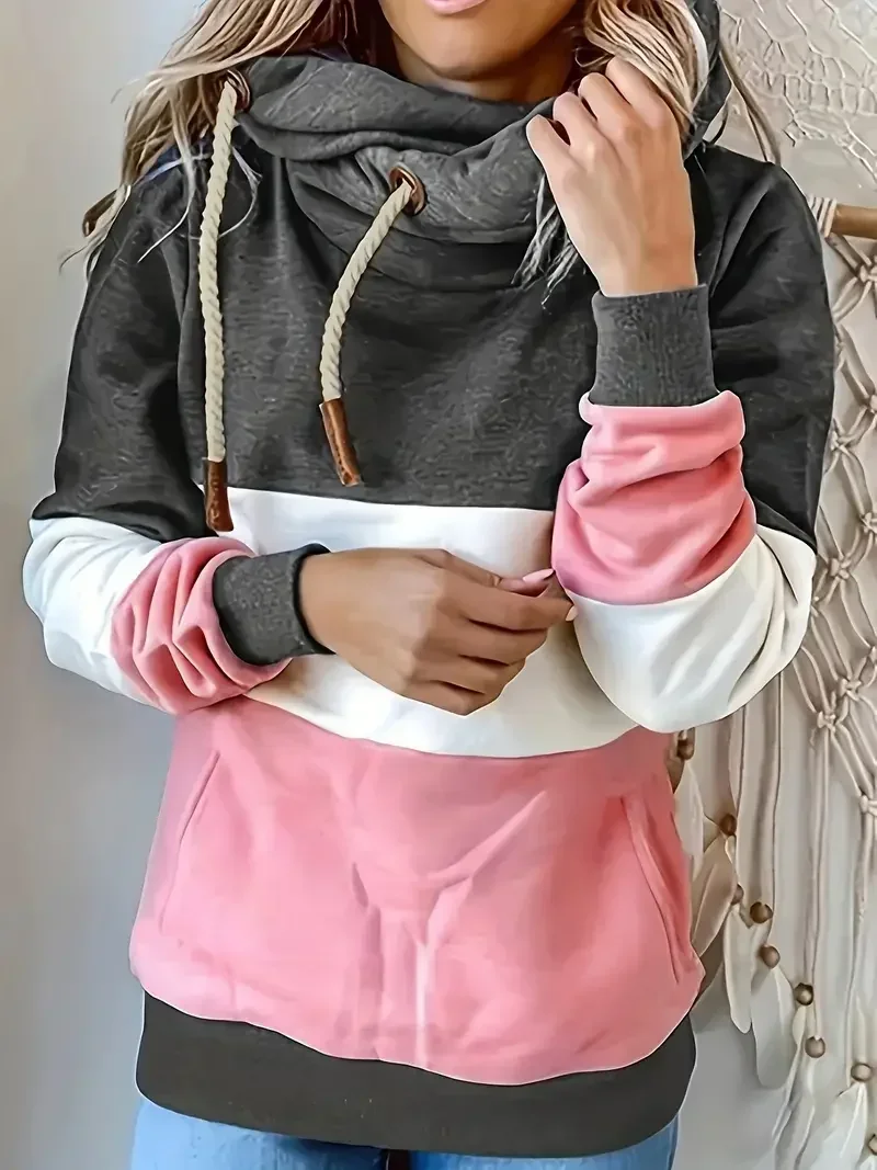 Women 1XL-5XL Plus Size Casual Sweatshirt Women\'s Plus Colorblock Long Sleeve Drawstring Hooded Sweatshirt With Pockets