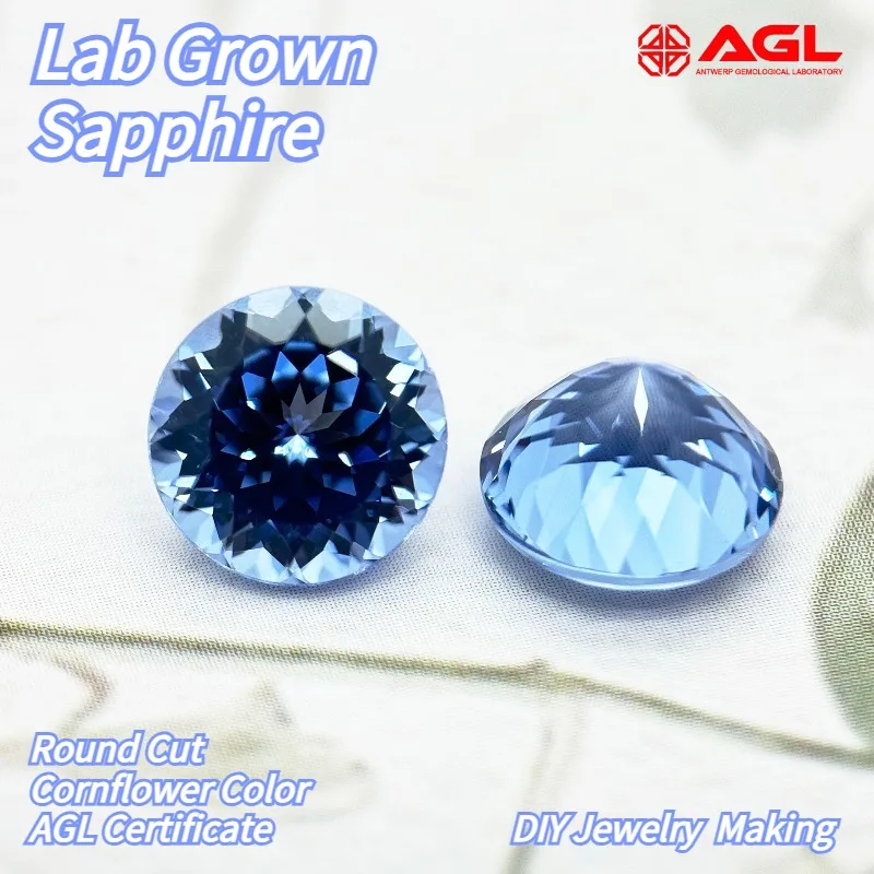 

Искусственный сапфир круглой огранки цвета василька для изготовления ювелирных изделий оптом, с возможностью выбора, с сертификатом AGL