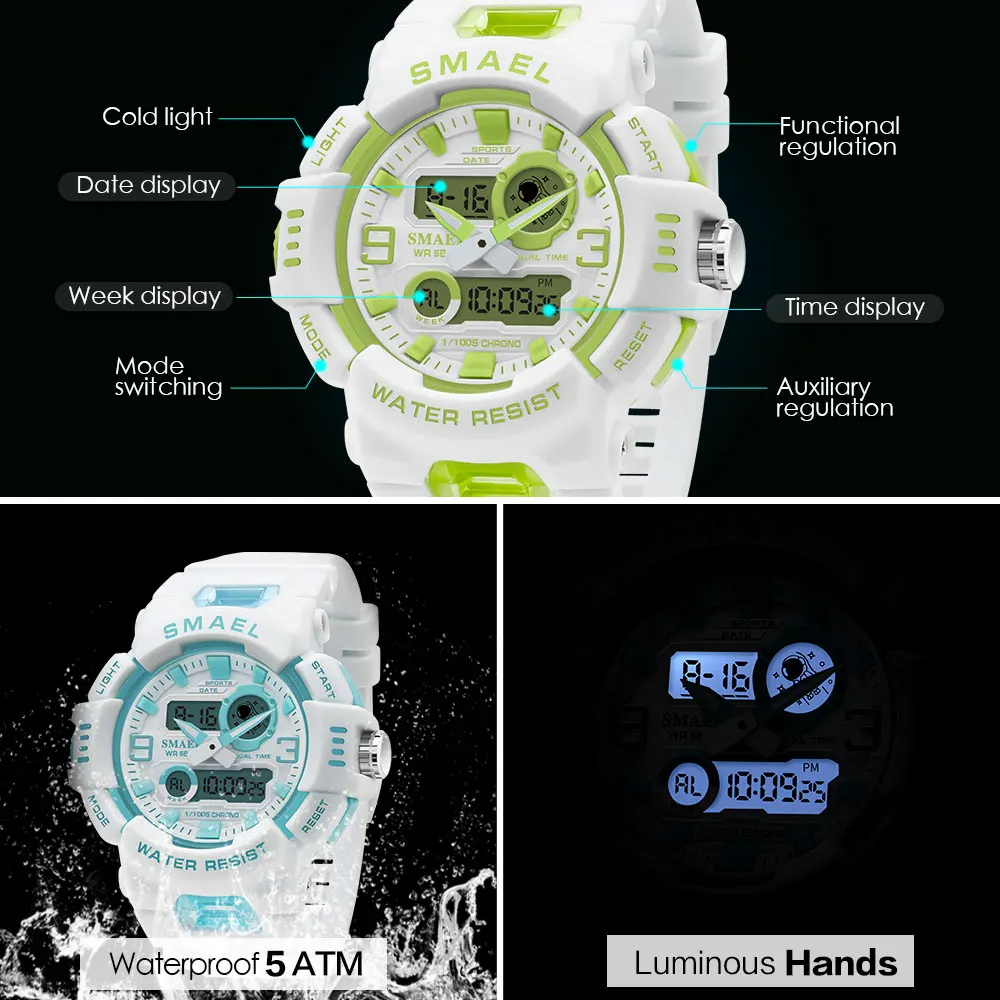 SMAEL Unisex Sport Digital Watch Men Women White Green Dual Time Display Chronograph Quartz Wristwatch with Date Week Alarm 8083